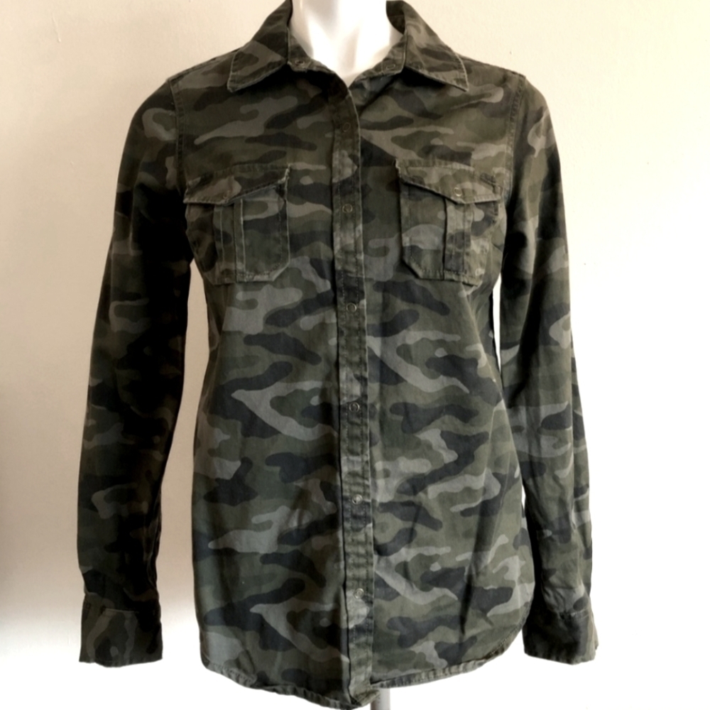 Arizona Jean Co. Shirt Womens Long Sleeve Green Camo Snap Up Denim Cotton Sz L